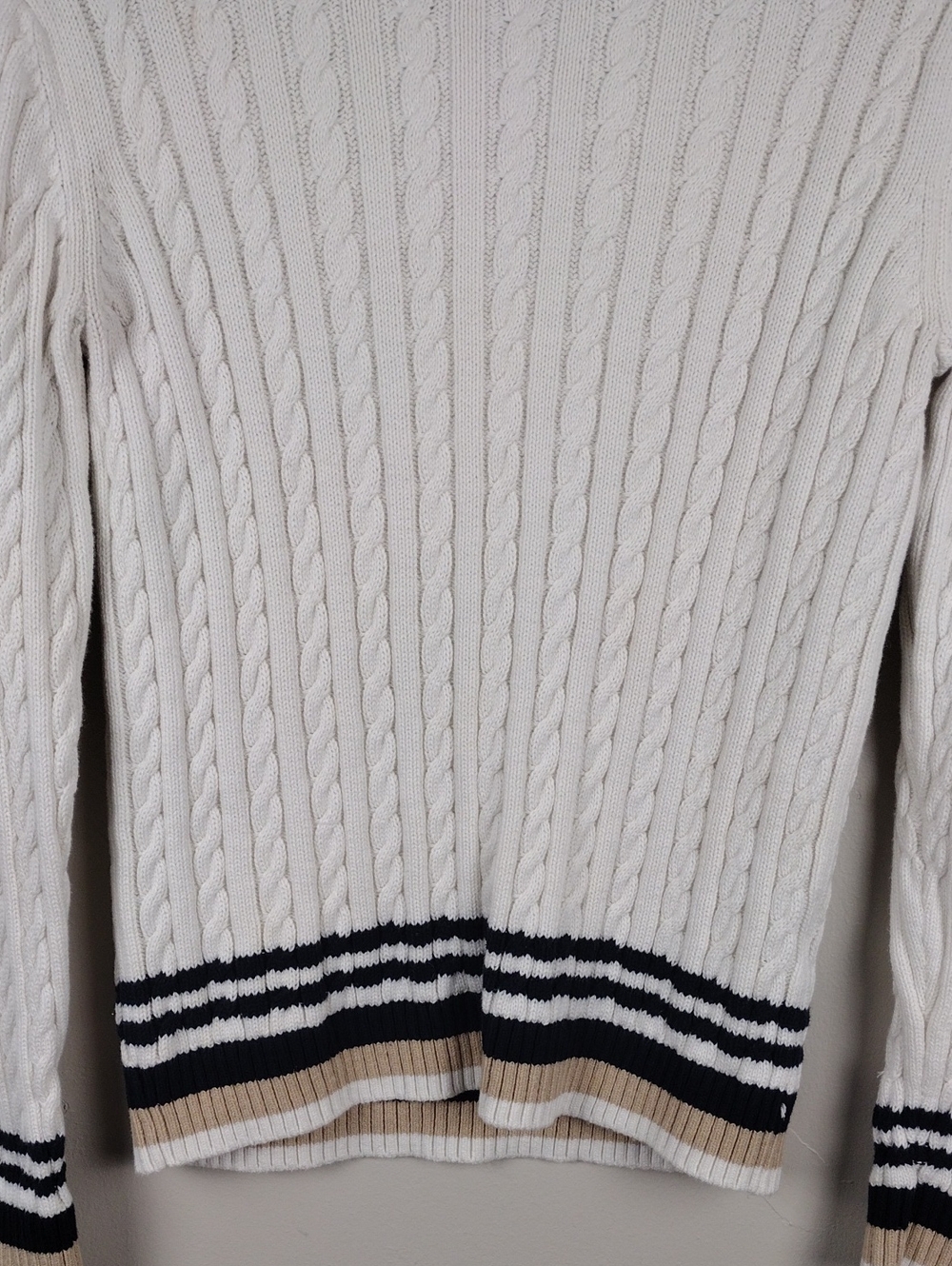 Tommy Hilfiger White Cable Knit Navy Striped Hem Crewneck Long Sleeve Sweater - Picture 3 of 12